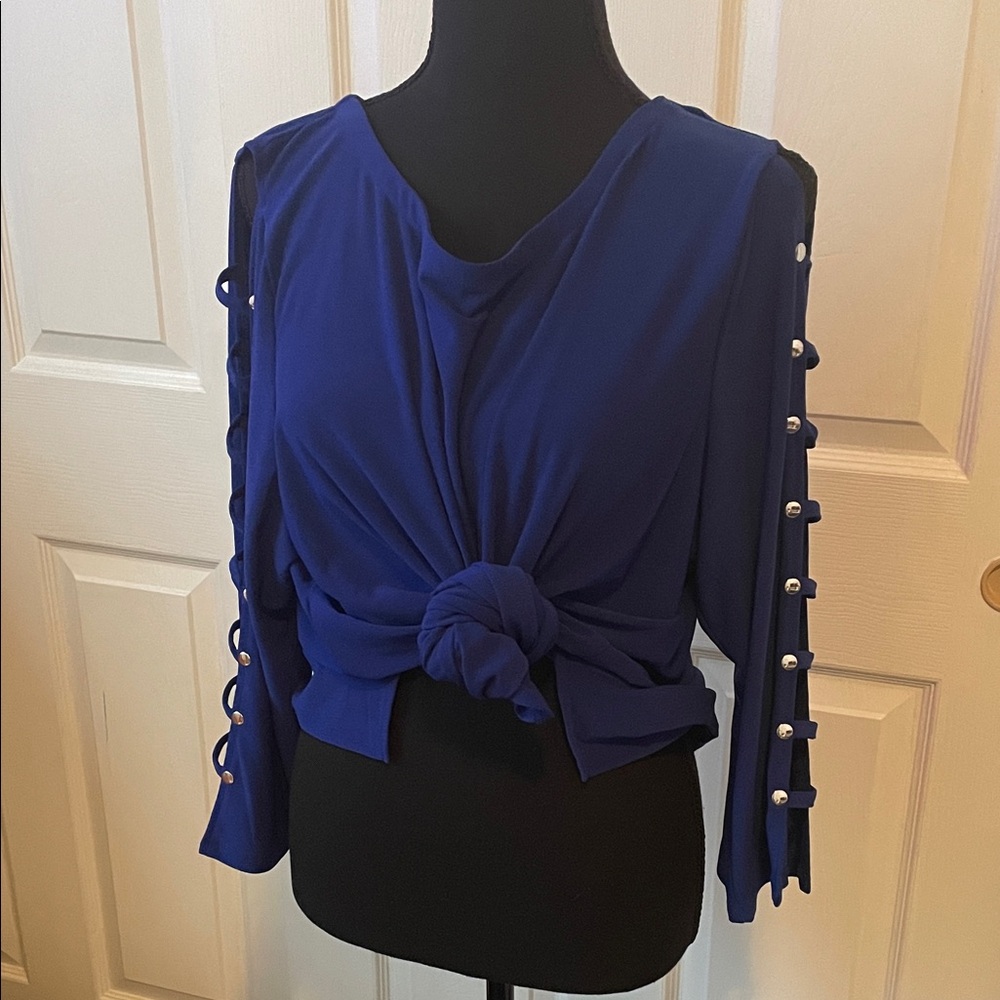 89th & Madison Royal Blue Blouse with Pearl Sleeve Detail 2X